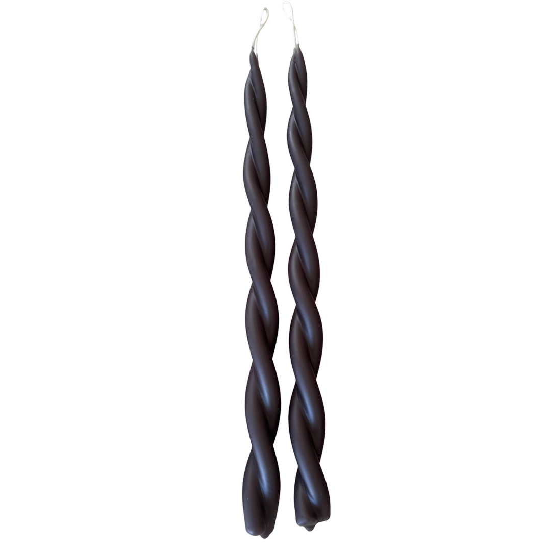 a pair of pure beeswax twisted candles, non drip, hand dipped in Slate- grey hue