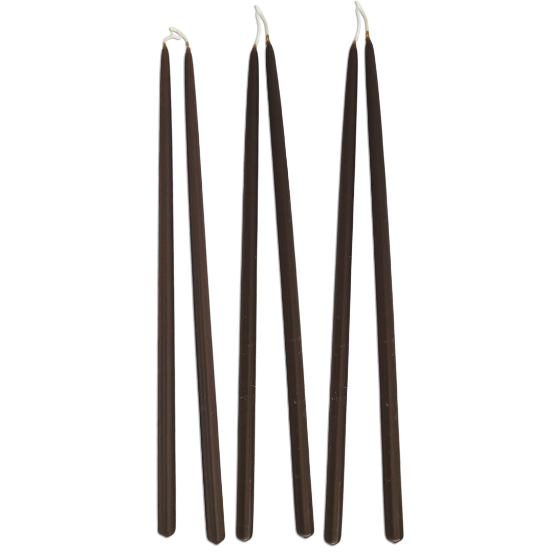 Three pairs of Cassis — Dark Red Brown 12-inch thin beeswax taper candles, six candles connected by their wicks and arranged on a white background.