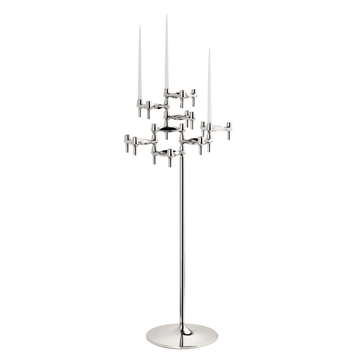 STOFF Nagel floor stand holding six faceted BMF candle holders in polished chrome with white taper candles, a freestanding modular sculpture