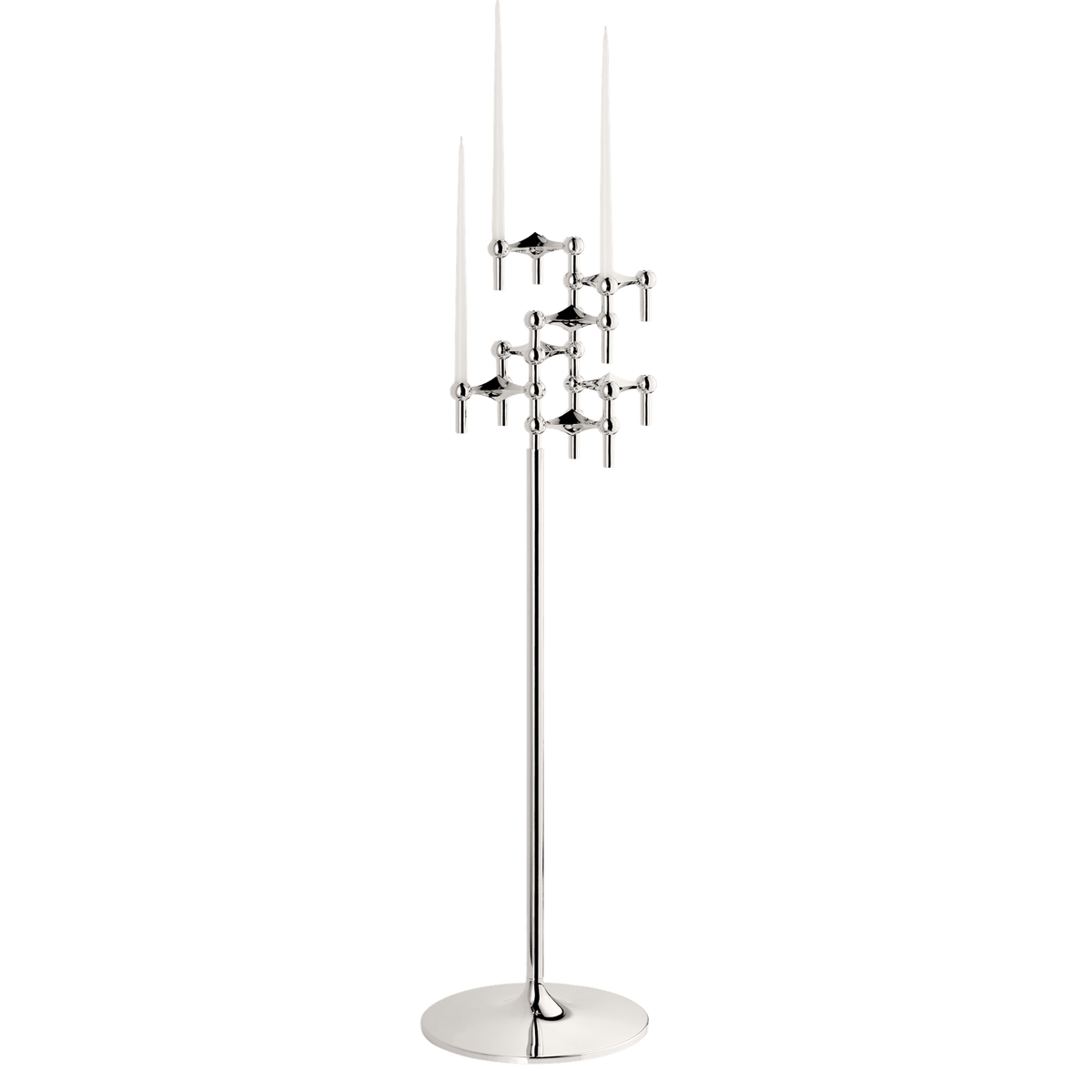 STOFF Nagel floor stand in chrome holding six original candle holders with white taper candles, a freestanding modular sculpture
