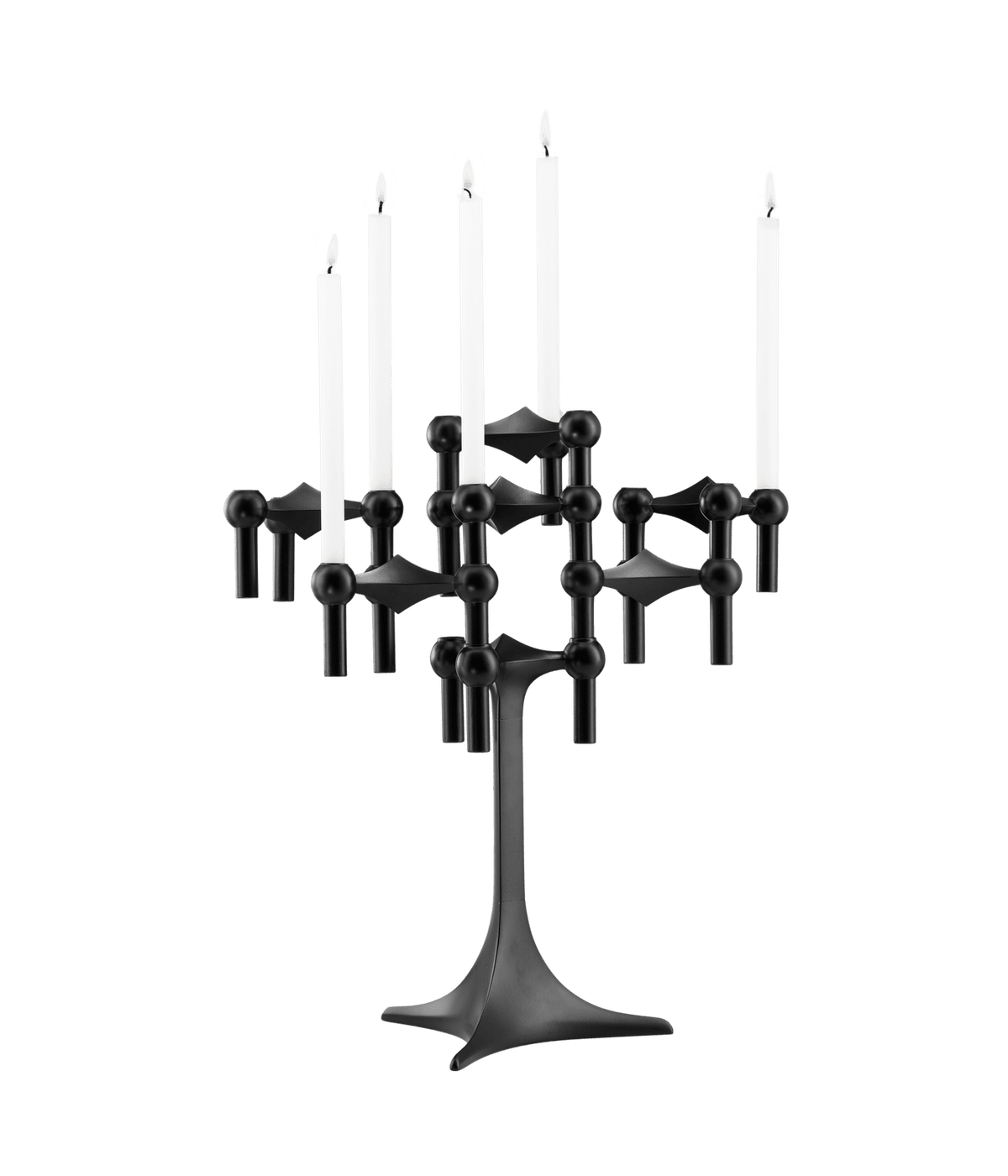 STOFF Nagel stand in black built up with modular holders into a full candle composition with lit tapers
