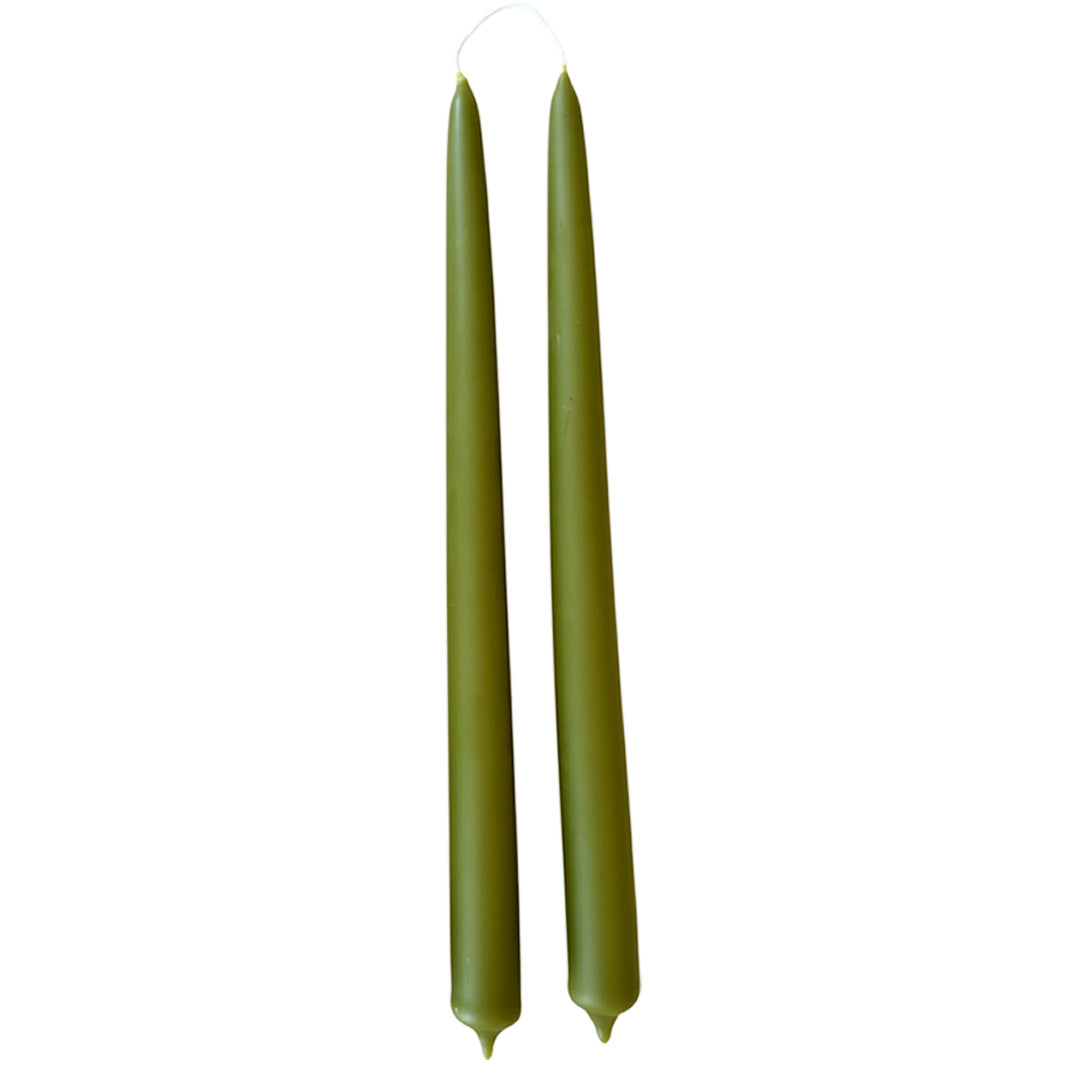 pure beeswax, no drip taper, candles, hand dipped in martini - olive, green hue