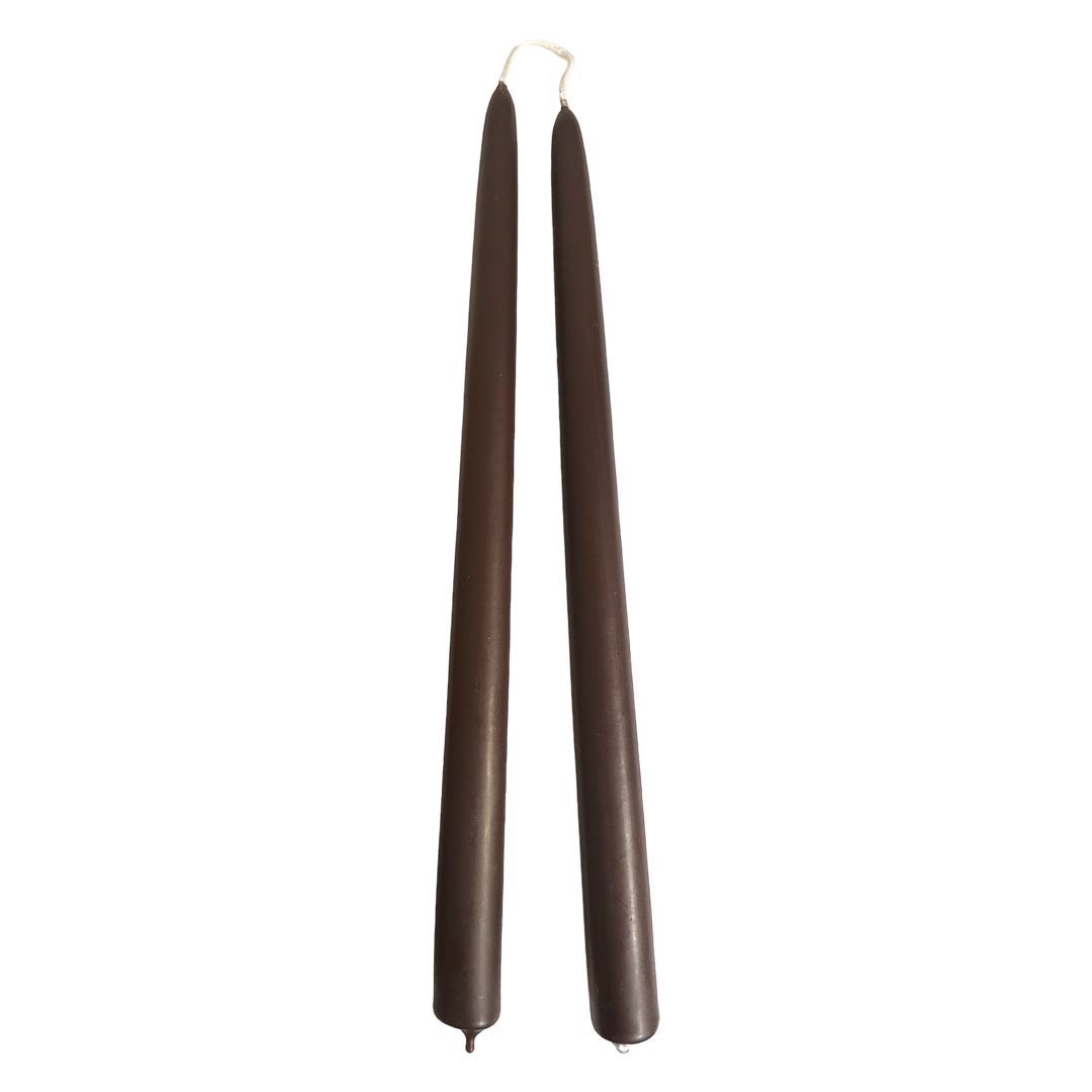  GLŌAM 12" hand-dipped beeswax taper candles in Cassis — a dark red brown, made in Santa Barbara with natural plant-based pigments, cotton wick. Dripless-when away from draft, long-burning.