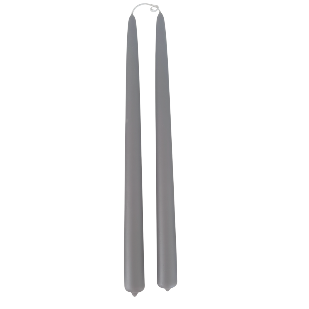 GLŌAM 12" hand-dipped beeswax taper candles in Mineral Grey — a soft grey-green, made in Santa Barbara with natural plant-based pigments.