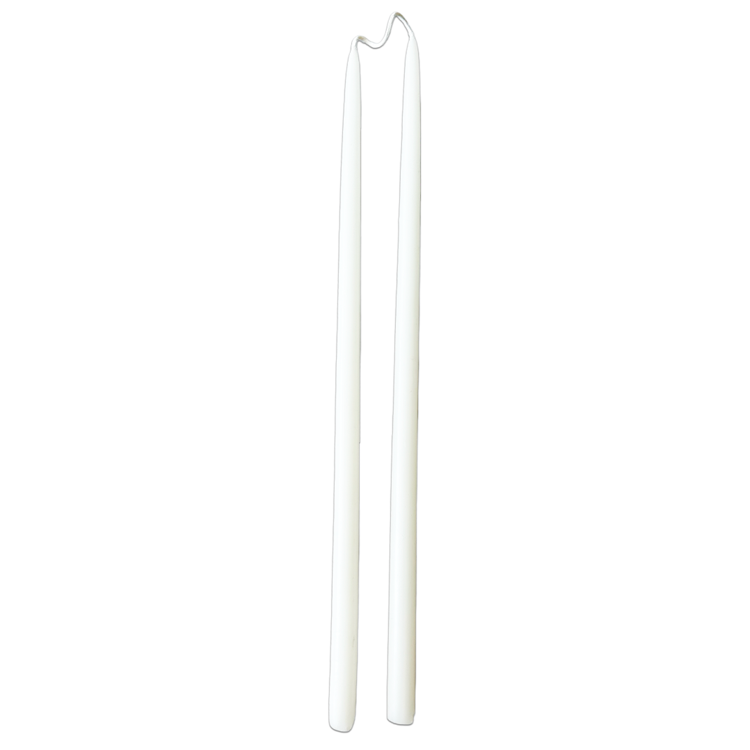GLŌAM 12" hand-dipped thin beeswax taper candles in Alpine Glow — pure white, made in Santa Barbara with natural plant-based pigments.