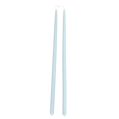GLŌAM 12" hand-dipped thin beeswax taper candles in Azure — a soft powder blue, made in Santa Barbara with natural plant-based pigments.