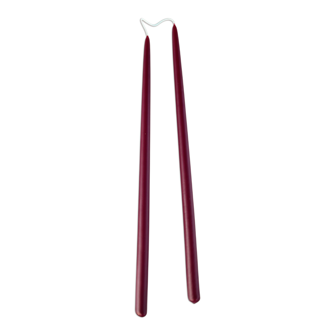 GLŌAM 12" hand-dipped thin beeswax taper candles in Vin Chaud — a deep burgundy red wine, made in Santa Barbara with natural plant-based pigments.