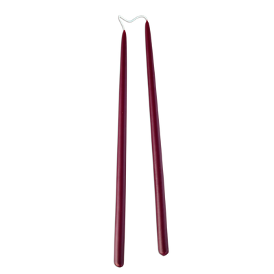 GLŌAM 12" hand-dipped thin beeswax taper candles in Vin Chaud — a deep burgundy red wine, made in Santa Barbara with natural plant-based pigments.