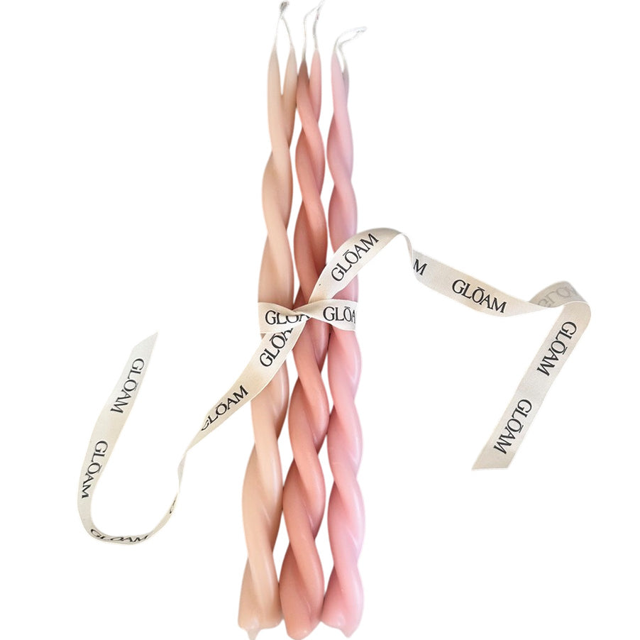 A Bundle of 3 Twisted Beeswax 12" Tapers in Pinks