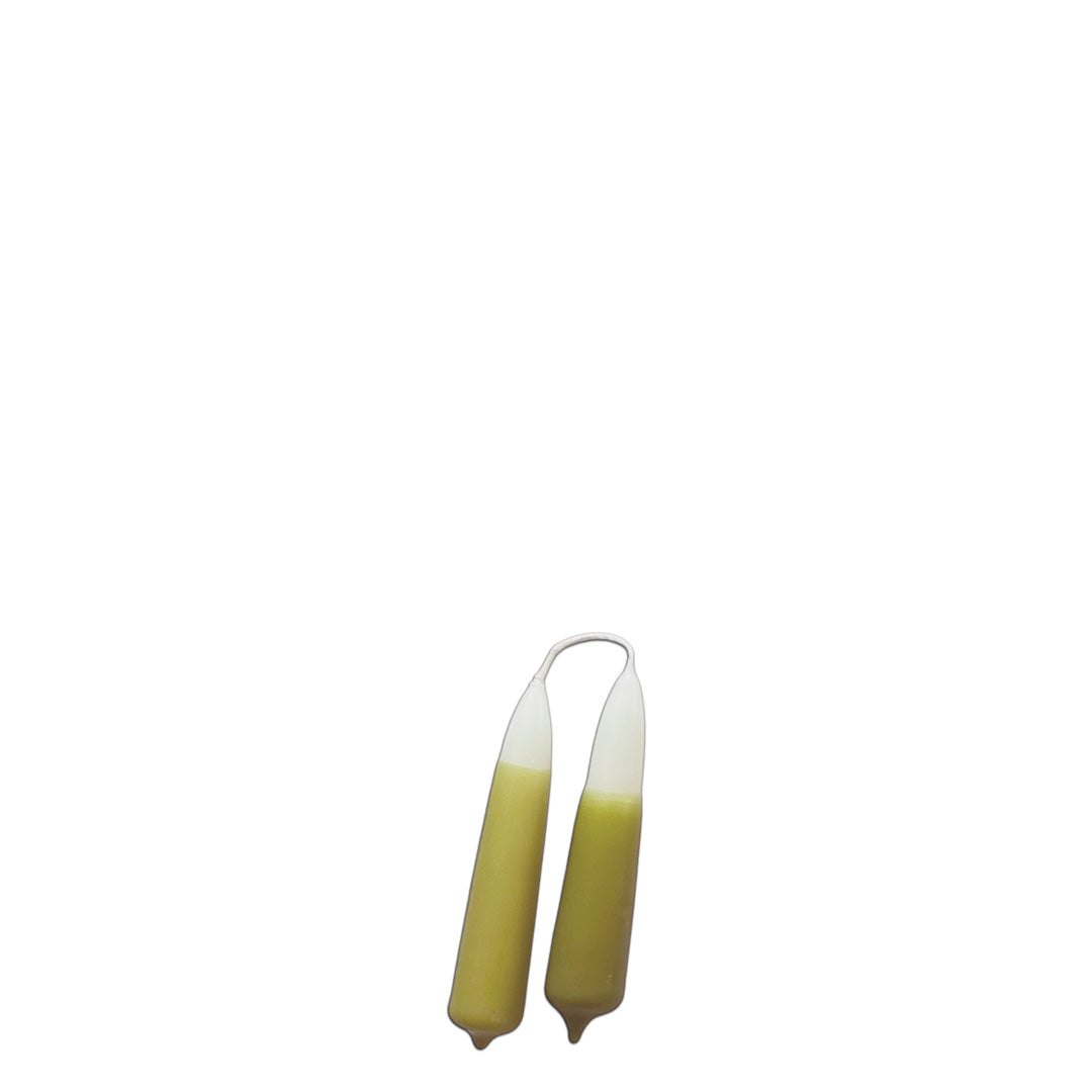 GLŌAM 5" hand-dipped mini beeswax taper candles in Artichoke — white and olive green two-tone, made in Santa Barbara with natural plant-based pigments.