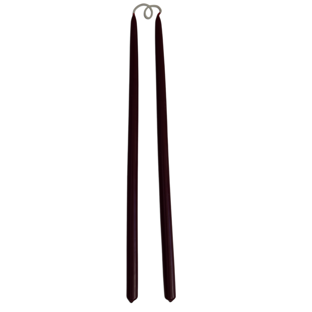 A pair of thin and long taper pure beeswax candles, hand-dipped  in creme de cassis, chocolate brow, warm glow, long burn