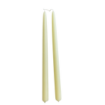 A pair of creamy-light-yellow color, in Beurre, hand-dipped beeswax taper candles made with natural plant-based pigments for an eco-friendly, non -drip, elegant home decor accent.
