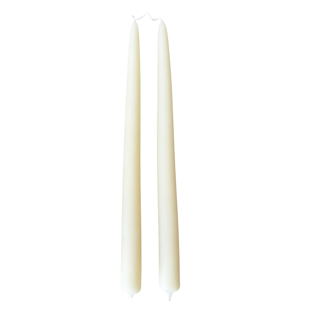 hand-dipped beeswax taper candles  in Bird's Milk- Cream hue, made with natural plant-based pigments for an eco-friendly, non -drip, elegant home decor accent.