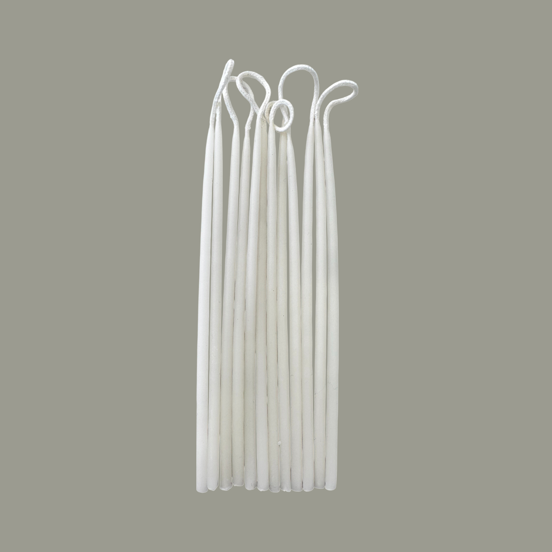 Beeswax birthday candles inAlpine White hand made for birthday celebrations-clean burn, plant-based dyes, sold in set of 12 birthday candles.