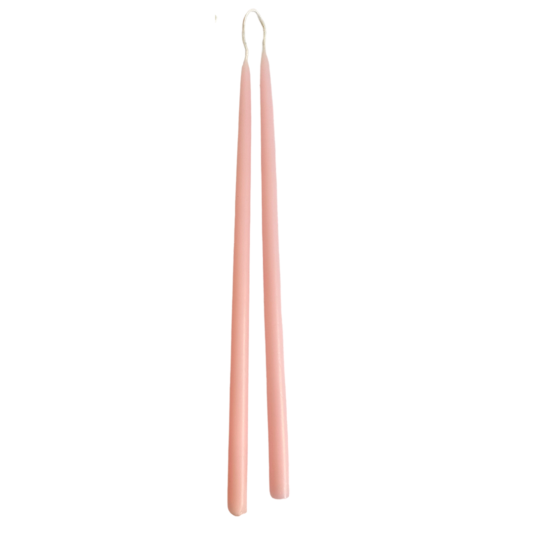 pure beeswax thin and long taper candles hand-dipped  in sal de marras powder pink color long burn