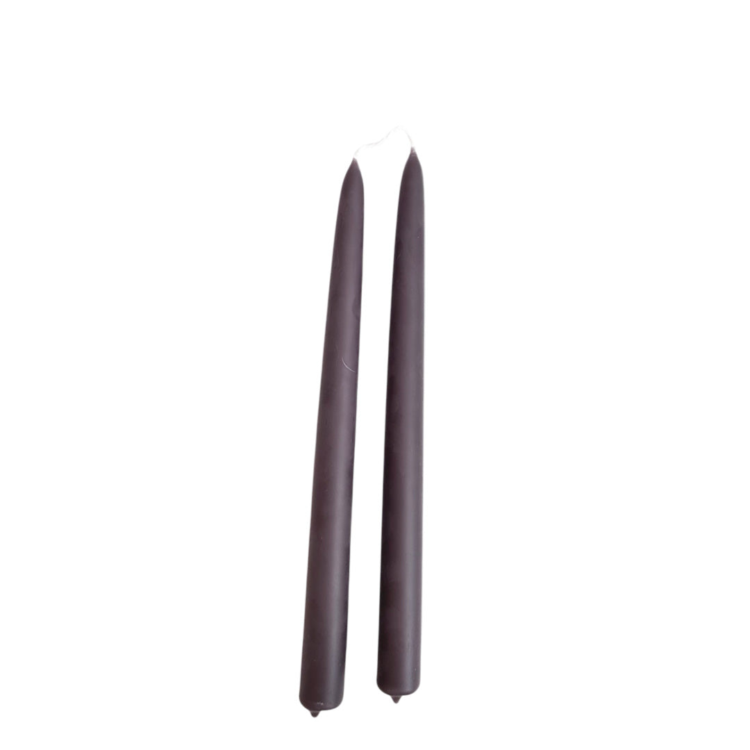 Hand-dipped beeswax taper candles in grey purple, crafted with plant-based pigments for a luxurious look.
