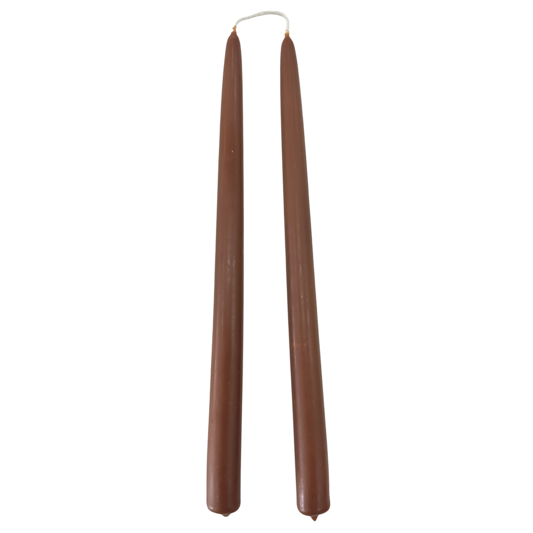 A pair of pure beeswax, dripless taper candles, hand dipped in Espresso Brown hue