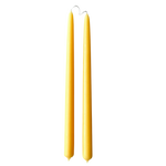 A pair of pure beeswax classic taper candles, hand dipped, no drip, in Natural beeswax color, yellow hue
