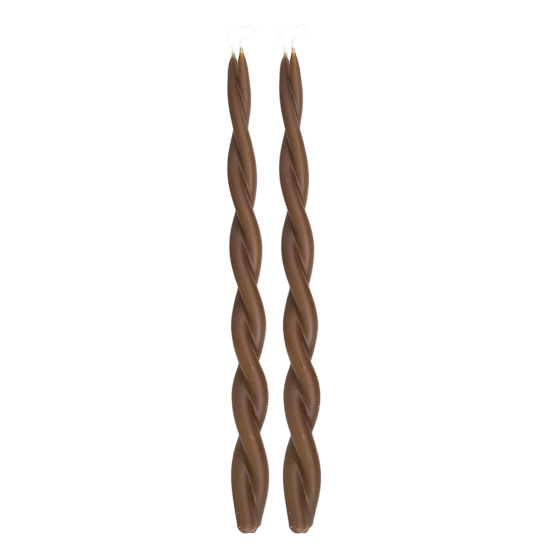 A pair of GLŌAM hand-twisted beeswax candles in Espresso, a brown-coffee hue, crafted with plant-based pigments.