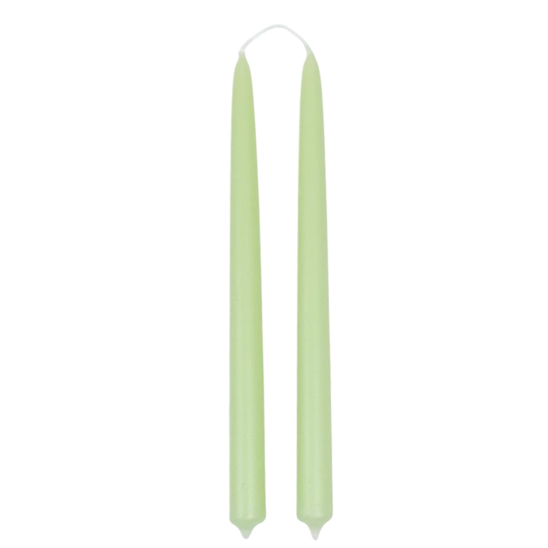 Pair of 12-inch Pistachio pale yellow-green beeswax taper candles, hand-dipped by GLŌAM.
