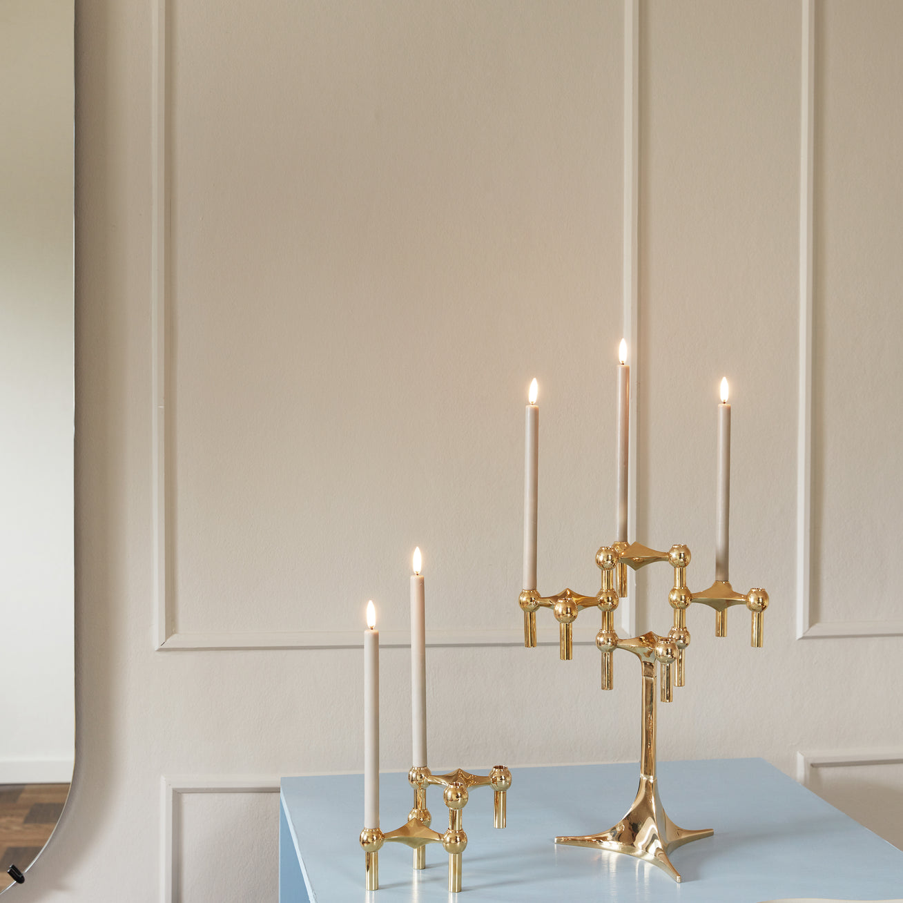 Stoff Nagel brass stand —sculptural Danish candle holder sfor tapers, for elevated elegant decorative display.