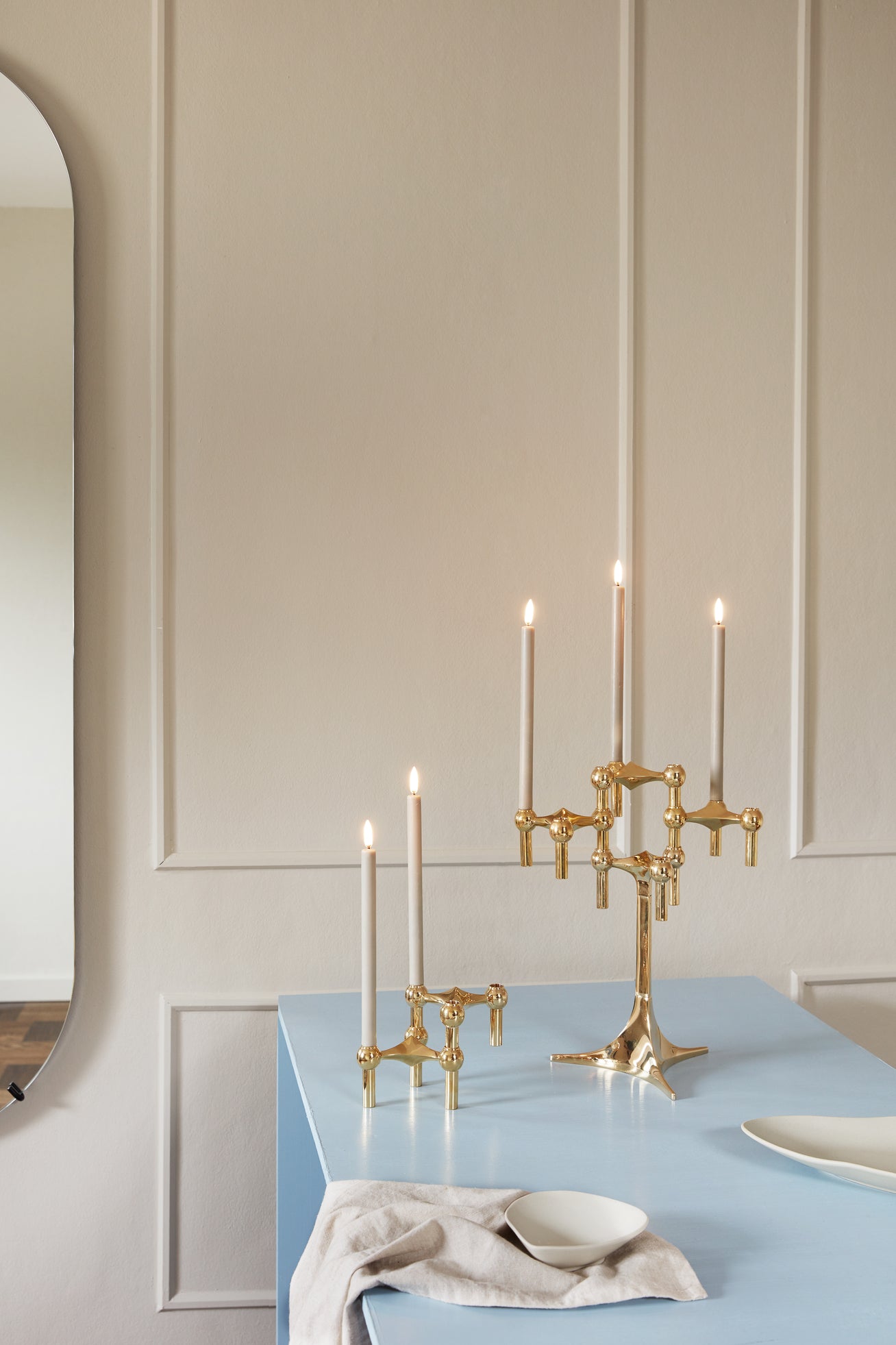 Stoff Nagel brass stand —sculptural Danish candle holder sfor tapers, for elevated elegant decorative display.