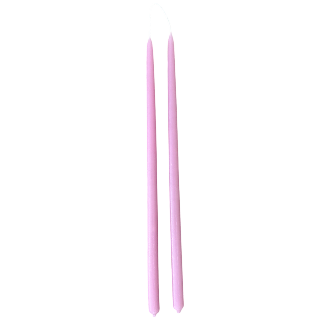 Thin long non drip beeswax taper in pink marshmallow,  dripless, 6 hours burn