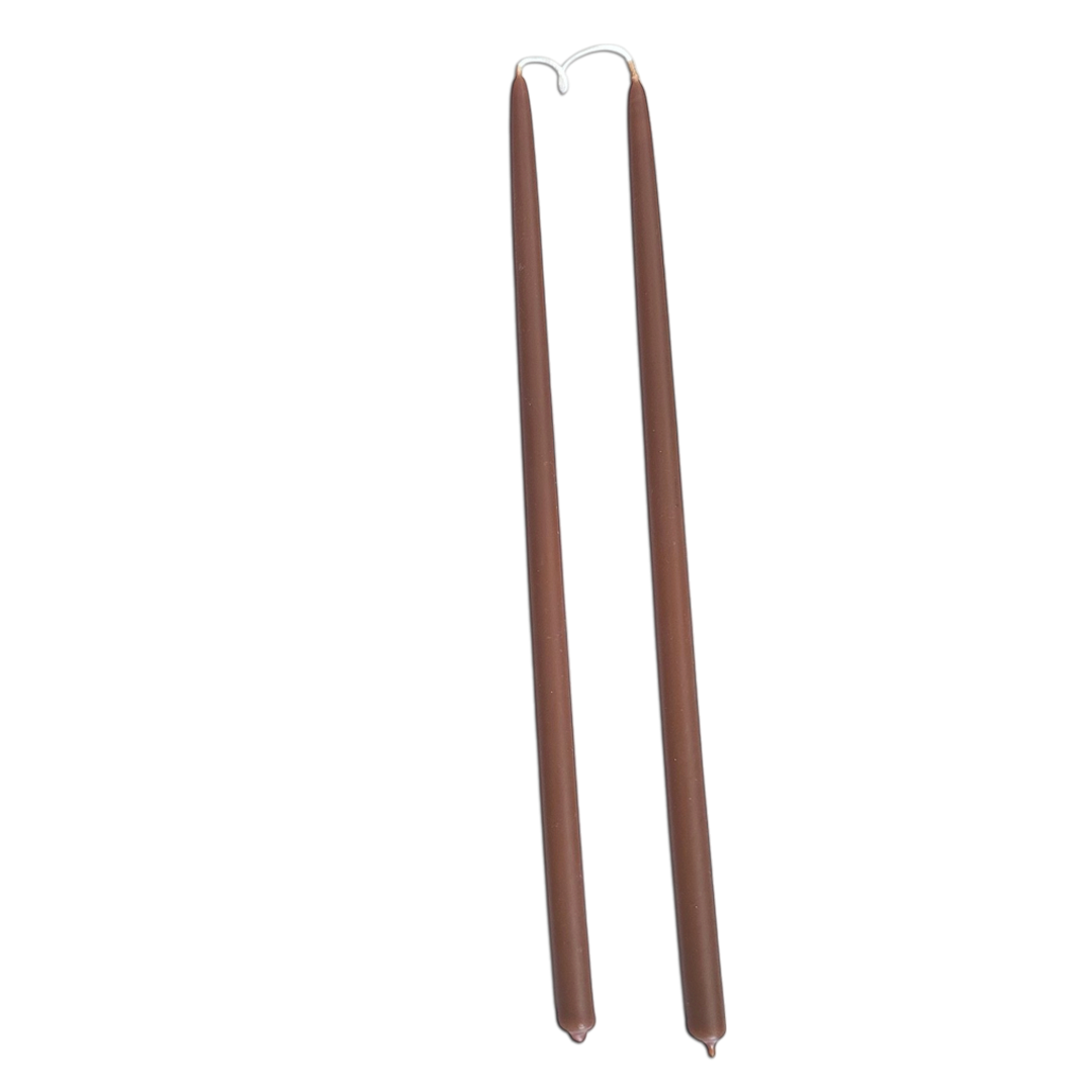 A pair of thin and long taper pure beeswax candles hand-dipped  in Espresso hue, glow long burn