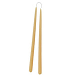 A pair of GLŌAM thin hand dipped, long beeswax taper candles, burn approximately 6 hours, no drip, in natural beeswax color