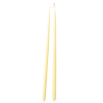 a pair of sustainable, beeswax thin taper candles, hand-dipped  in Beurre, light yellow hue, Danish-inspired design