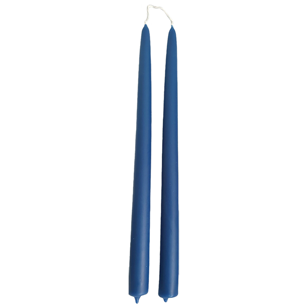 a pair odf hand-dipped beeswax taper candles in Le Lavandou,blue hue, made with natural plant-based pigments for an eco-friendly, elegant home decor accent. 