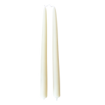 A pair of cream-white color, hand-dipped beeswax taper candles made with natural plant-based pigments for an eco-friendly, non -drip, elegant home decor accent.