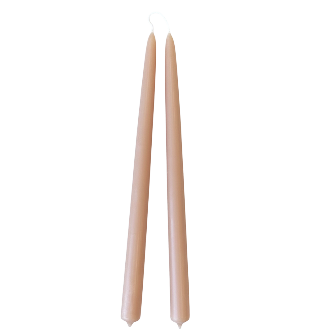 A pair of brown-beige color, hand-dipped beeswax taper candles made with natural plant-based pigments for an eco-friendly, non -drip, elegant home decor accent.