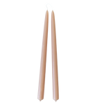 A pair of brown-beige color, hand-dipped beeswax taper candles made with natural plant-based pigments for an eco-friendly, non -drip, elegant home decor accent.