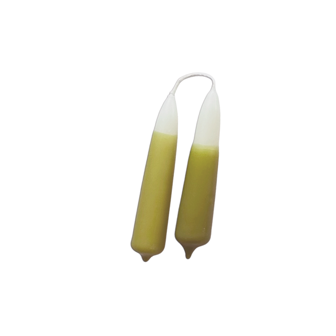 A pair of beeswax hand-dipped mini taper candles  in Artichoke -  white and green hues,  elevate home accent and design, create a relaxed, cozy environment.