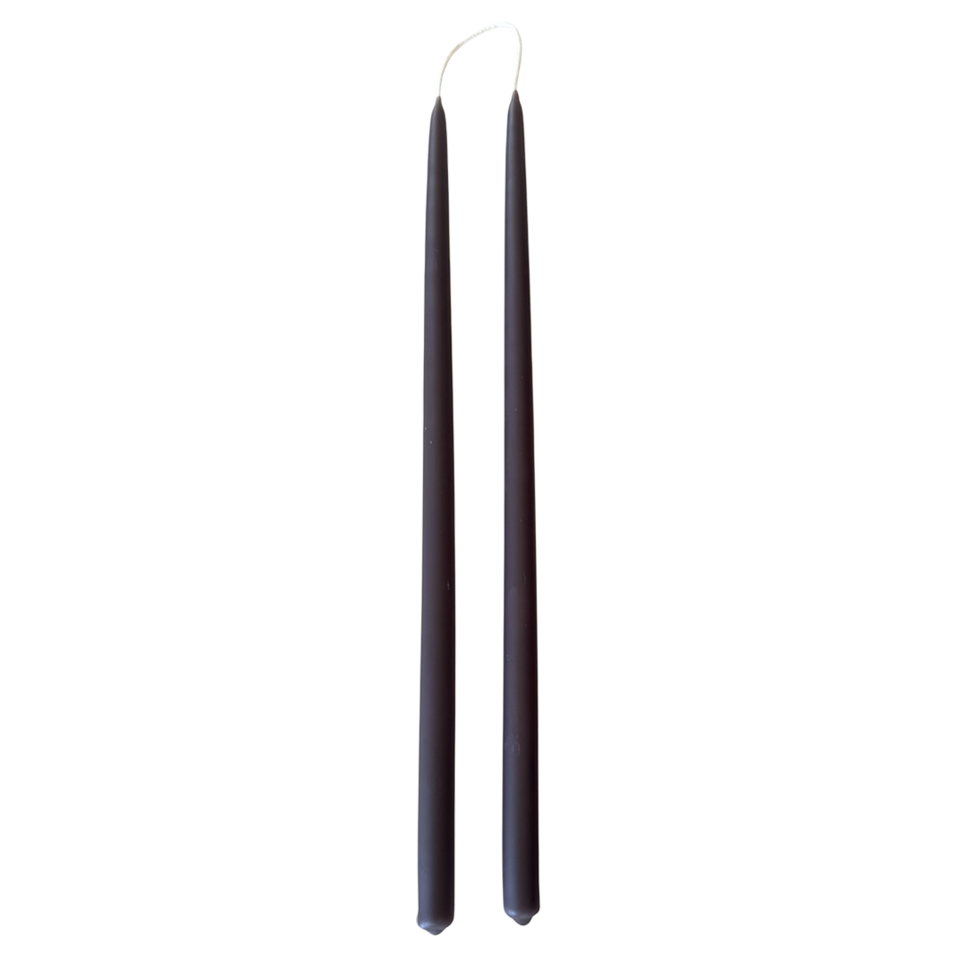 a pair of beeswax thin taper candles hand-dipped  in Slate dark grey