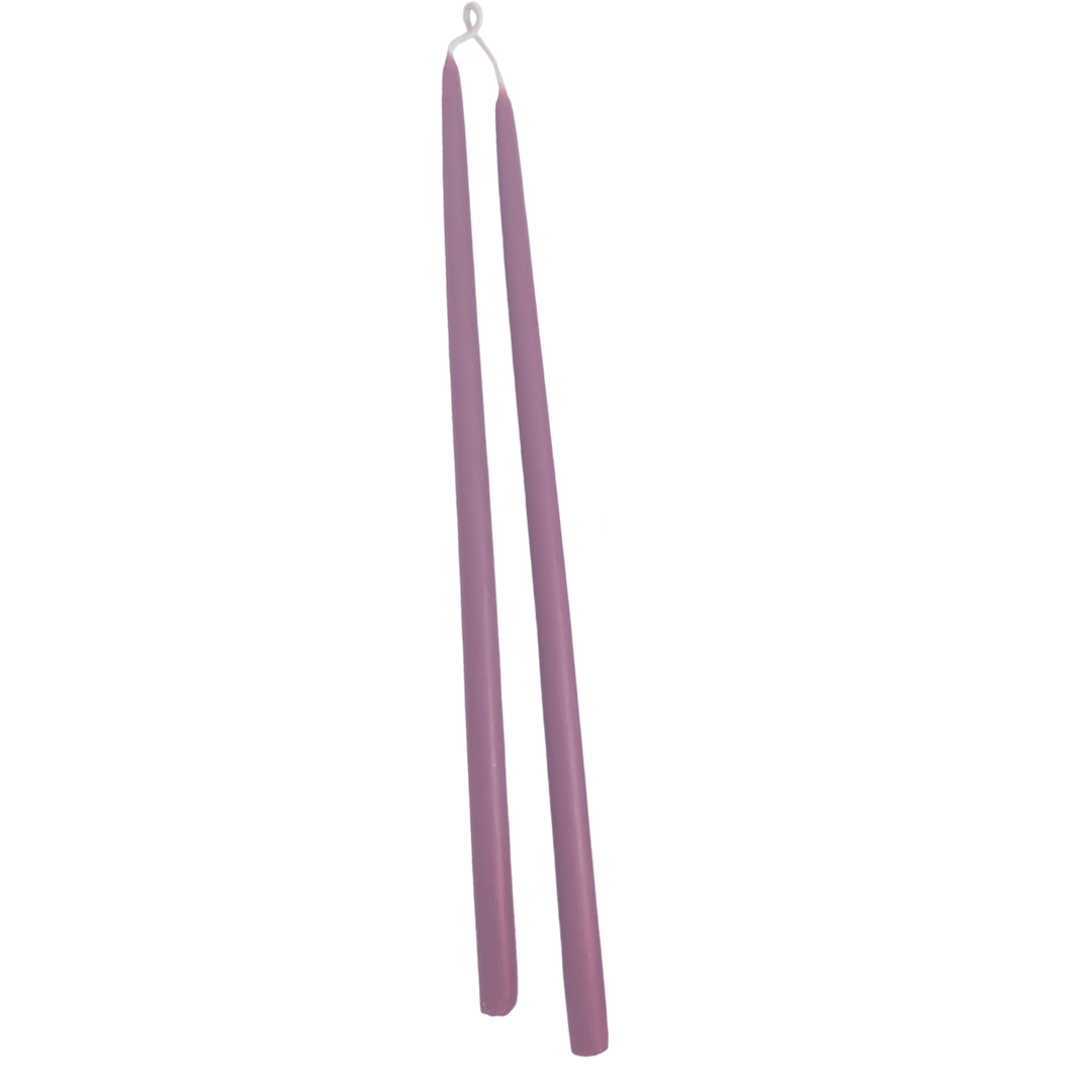 A pair of long and thin beeswax taper candles in the color Mauve. It is non drip and burn for about 6 hours