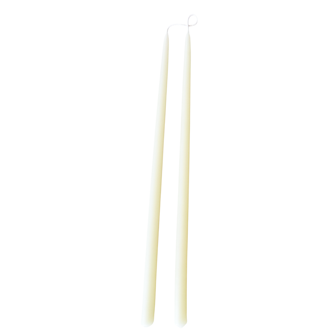 a pair of thin,long taper beeswax candles, non-drip, hand-dipped in birds milk cream color