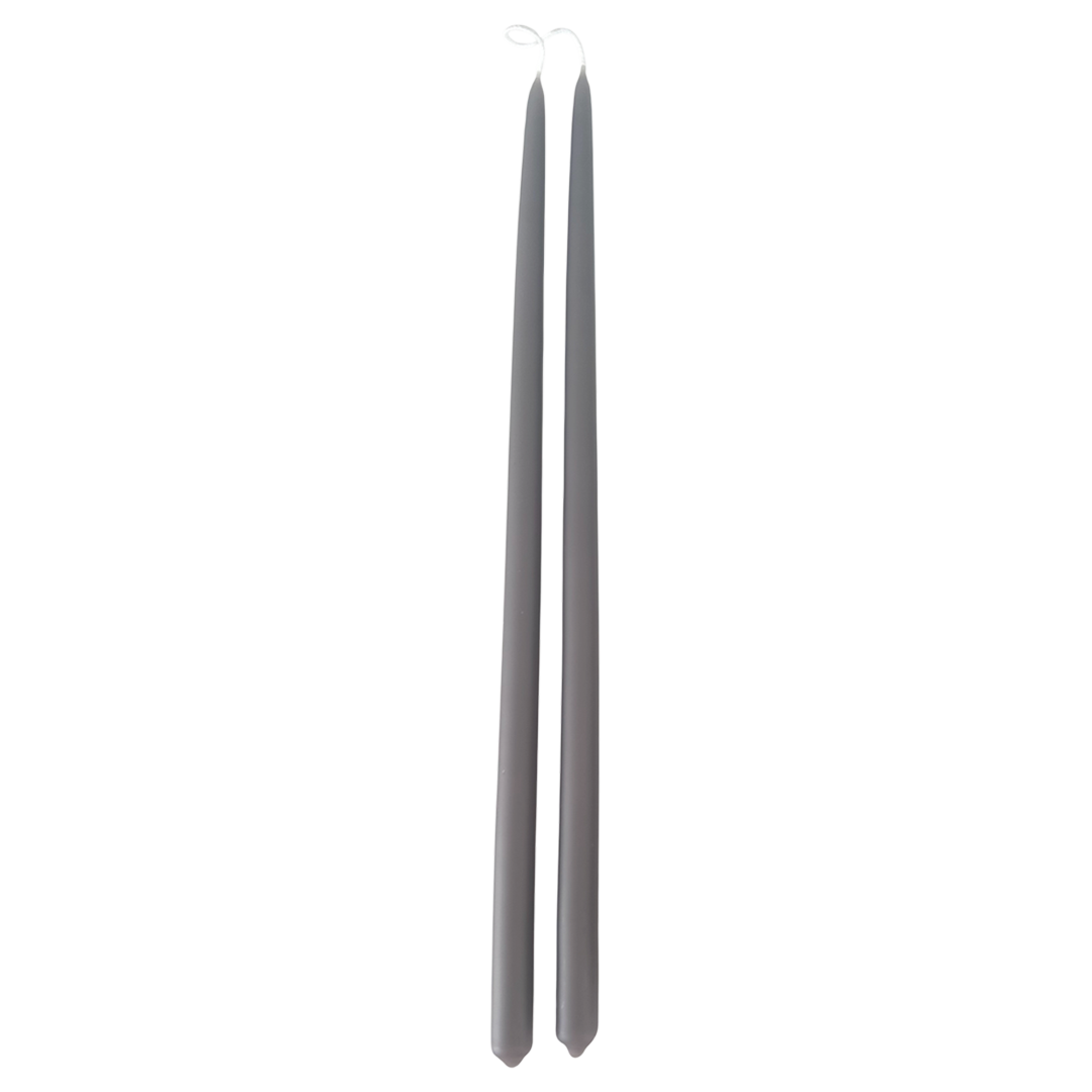 A pair of grey  color, hand-dipped, thin, long,  taper beeswax candles hand-dipped in Fauna 
