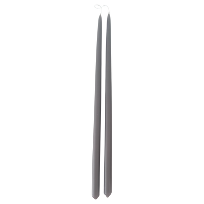 A pair of grey  color, hand-dipped, thin, long,  taper beeswax candles hand-dipped in Fauna 
