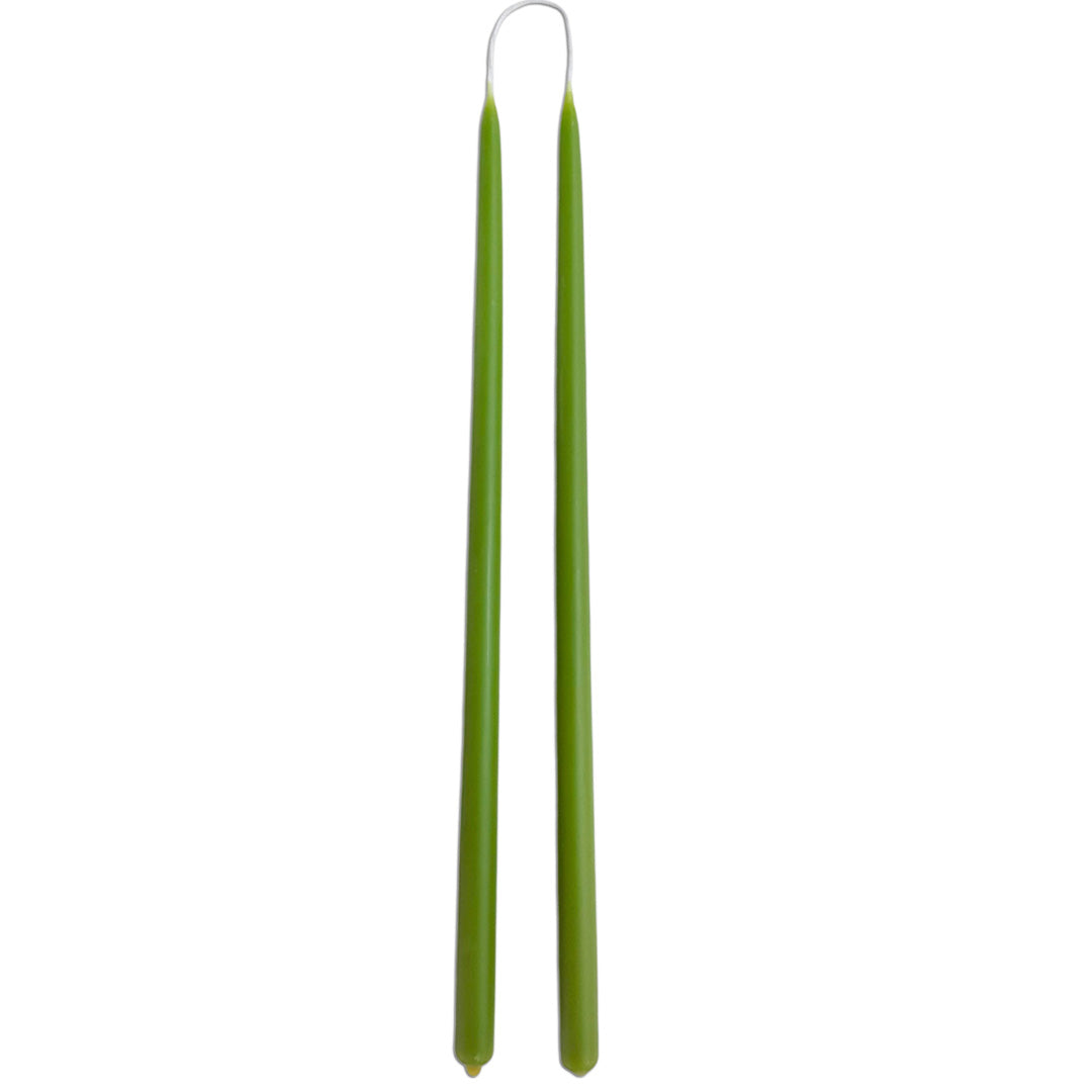 a pair of thin,long taper beeswax candles, non-drip, hand-dipped in Matcha green hue, elevates and energizes home accent and adds elegance to table scapes.
