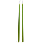a pair of thin,long taper beeswax candles, non-drip, hand-dipped in Matcha green hue, elevates and energizes home accent and adds elegance to table scapes.