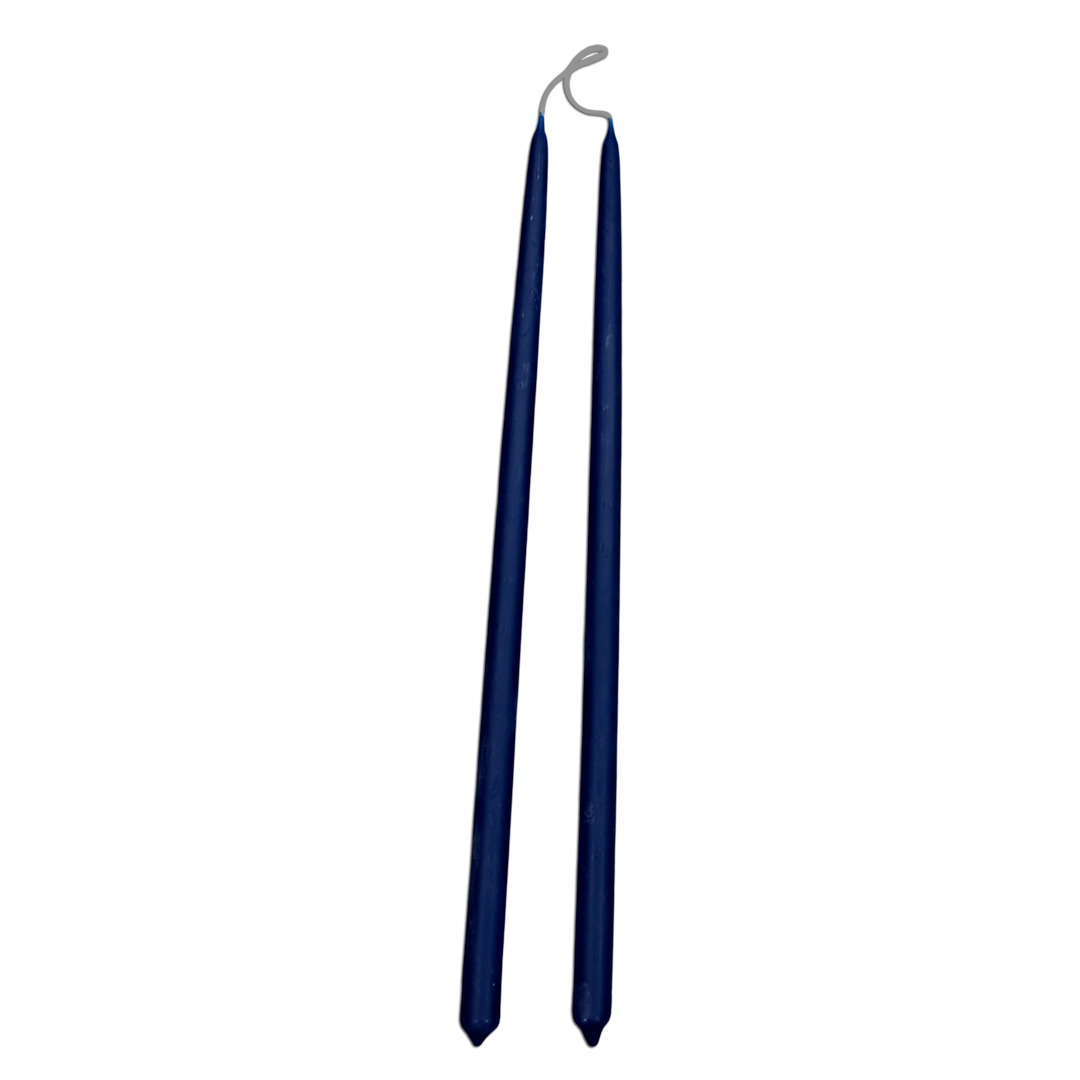 A pair of thin and long taper pure beeswax candles hand-dipped in pine - dark green warm glow, long burn, no drip