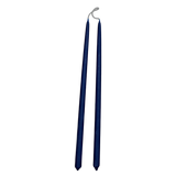 A pair of thin and long taper pure beeswax candles hand-dipped in pine - dark green warm glow, long burn, no drip