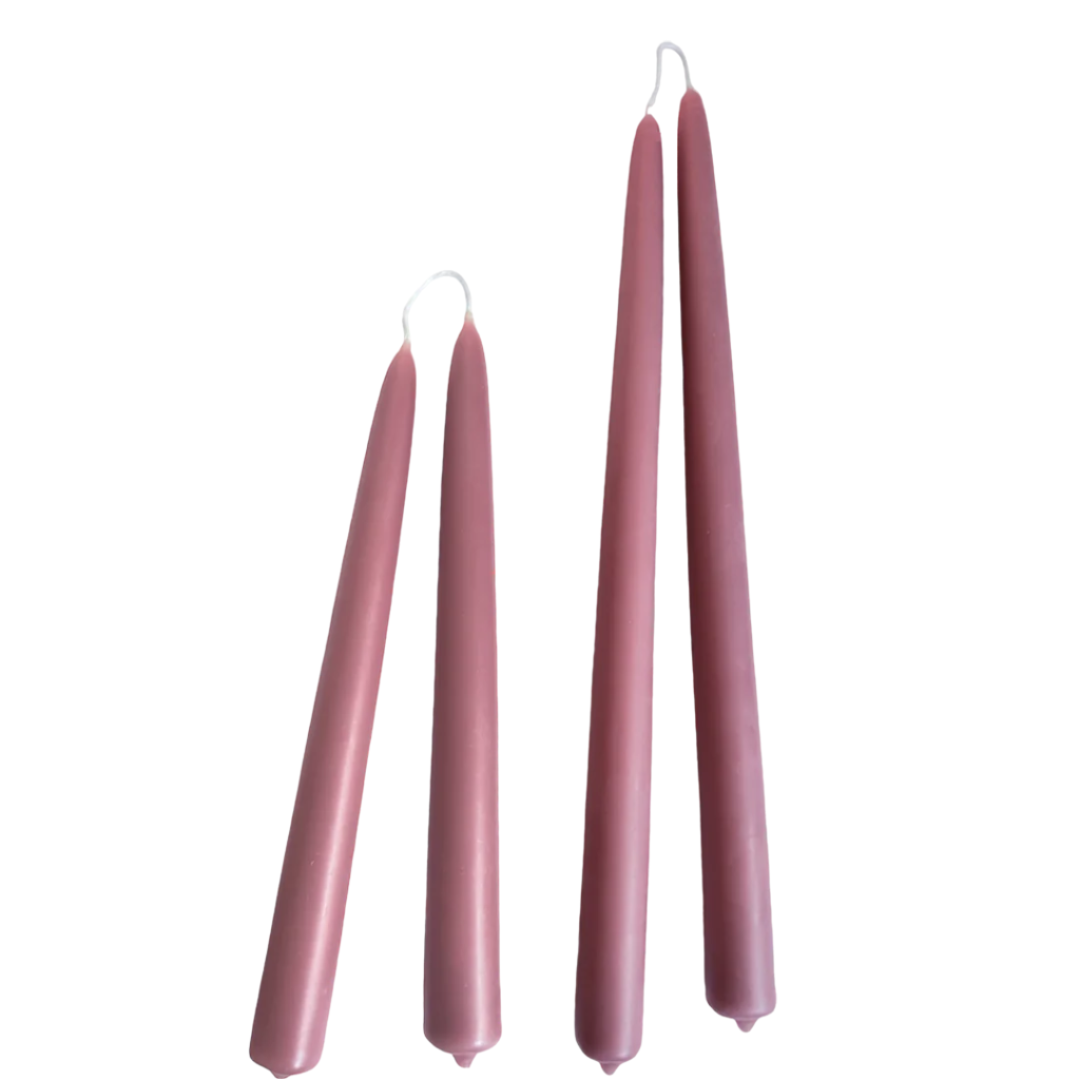 artisanal pure beeswax taper candles hand dipped in mauve purple pink