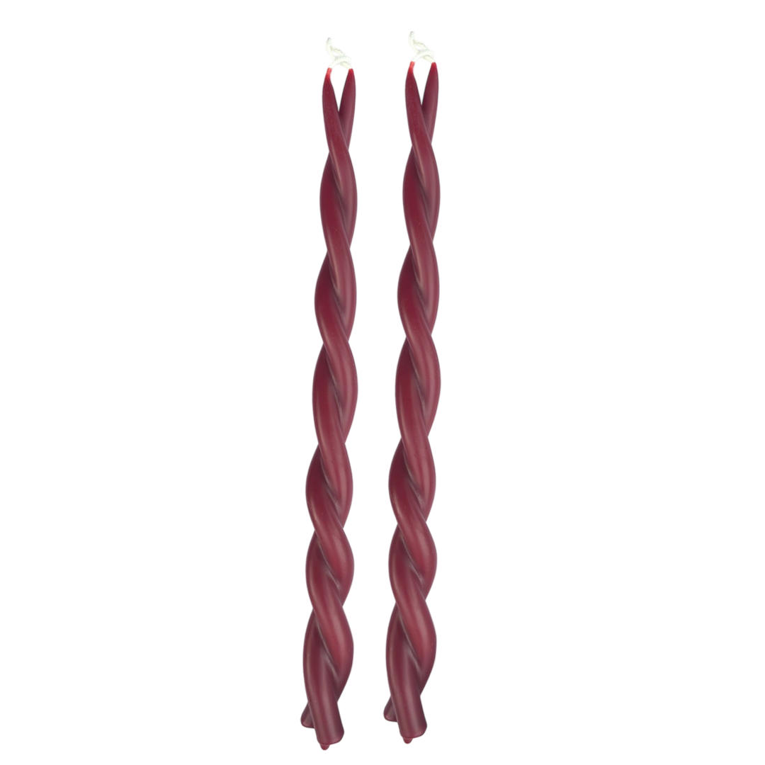 Hand twisted candles in pure beeswax in mulberry dark red wine color