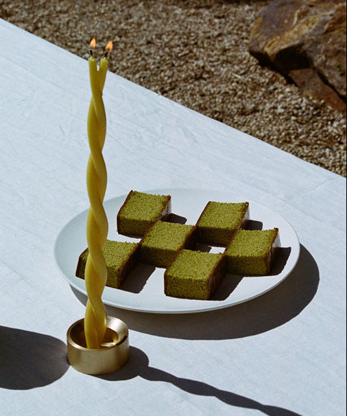 GLŌAM Spike Brass candle holder and beeswax Twisted Taper Candle