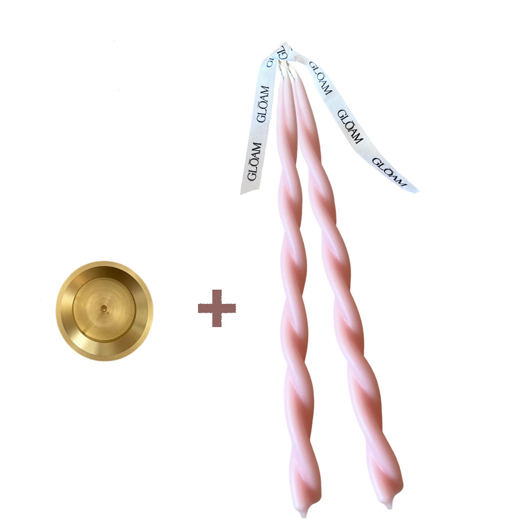 Brass Spike Candle Holder + a Pair of 12" Twisted Tapers in Pink Sand