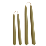 Close-up of non-drip hand-dipped beeswax tapers in olive-toned Martini color