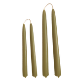 Close-up of non-drip hand-dipped beeswax tapers in olive-toned Martini color